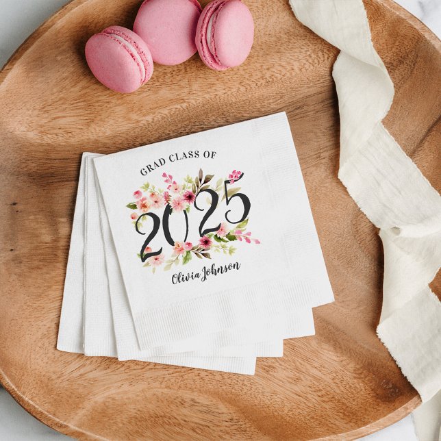 Class of 2025 Pink Watercolor Flowers Graduation Napkin (Creator Uploaded)