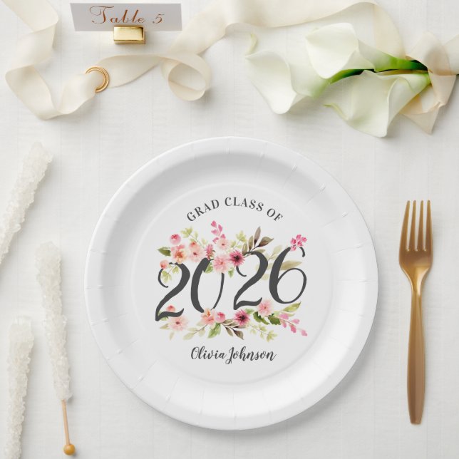 Class of 2025 Pink Watercolor Flowers Graduation Paper Plate (Wedding)