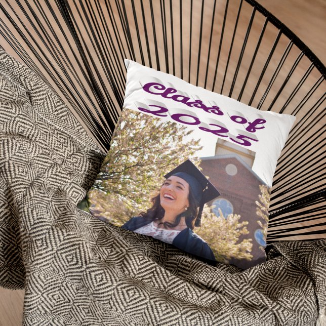 Class of 2025 purple script graduation photo cushion (Creator Uploaded)