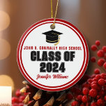 Class of 2025 Red White Custom Graduate Christmas Ceramic Ornament<br><div class="desc">This modern red and white custom Class of 2025 Christmas ornament features your high school or college name. Customise with your graduating student name under the cool script and black grad cap for a great personalised graduation gift.</div>