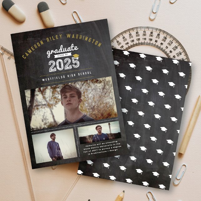 Class Of 2025 Retro Chalkboard 3 Photo Graduation Invitation (Class Of 2025 Retro Black Chalkboard, Bold Gold & White Sketch 3 Photo Graduation Announcement Card)