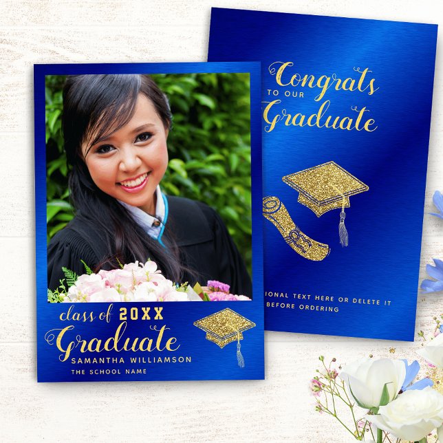 Class of 2025 Royal Blue and Gold Photo Graduation Announcement (Creator Uploaded)