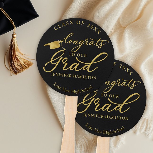 Class Of 2025 Simple Elegant Gold Black Graduation Hand Fan (Creator Uploaded)