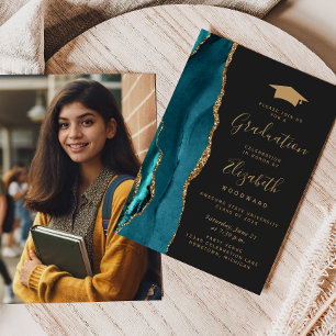 Class of 2025 Teal Agate Photo Cap Dark Graduation Invitation