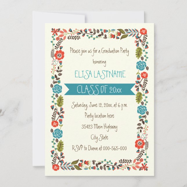 Class of 2025 teal & red floral border graduation invitation (Front)
