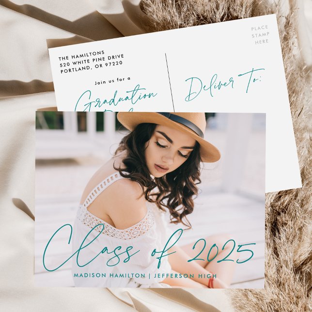 Class of 2025 Teal Script Photo Graduation Party Invitation Postcard (Creator Uploaded)