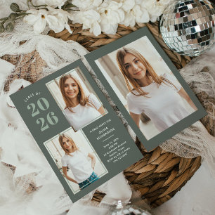 Class of 2025   Three Photo Sage Green Grad Party Invitation