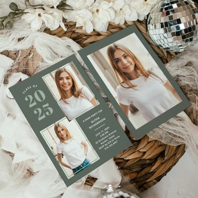 Class of 2025 | Three Photo Sage Green Grad Party Invitation (Creator Uploaded)
