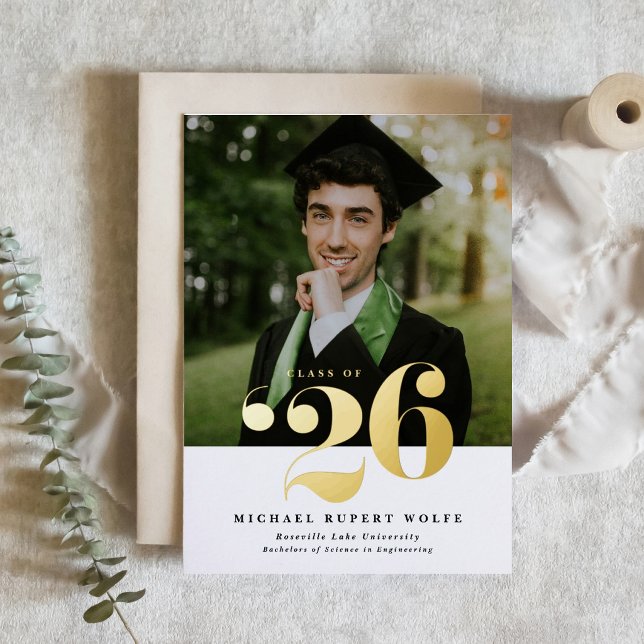 Class of 2025 Typography Photo Graduation Gold (Customizable gold foil class of 2026 graduation invitation featuring bold typography. )