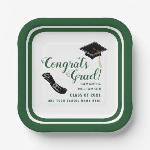 Class of 2025 White and Green Congrats Grad Paper Plate
