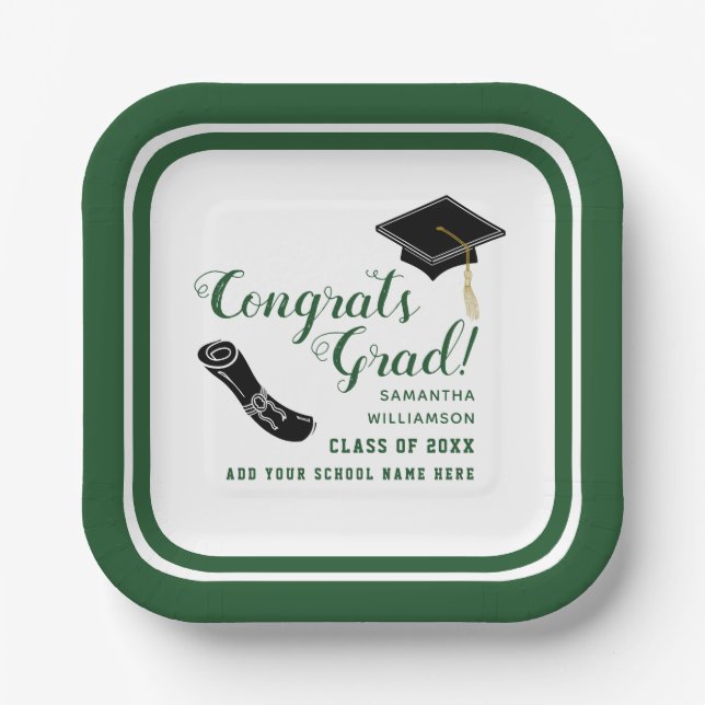 Class of 2025 White and Green Congrats Grad Paper Plate (Front)
