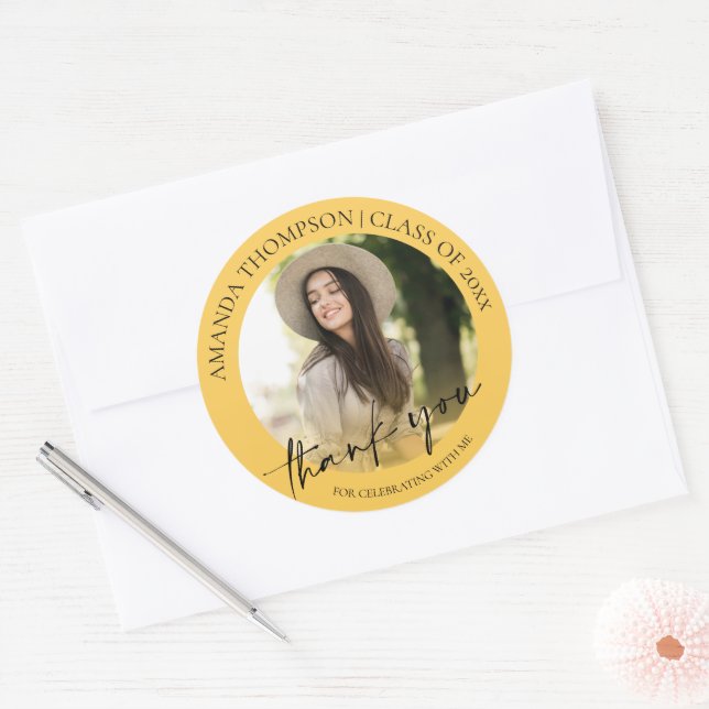Class Of 2025 Yellow Photo Graduation Thank You Classic Round Sticker (Envelope)