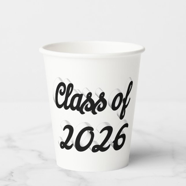 Class of 2026 black script graduation paper cups (Front)