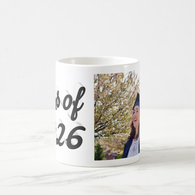 Class of 2026 black script graduation photo  coffee mug (Center)