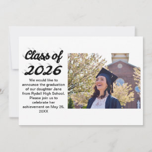 Class of 2026 black script graduation photo invitation