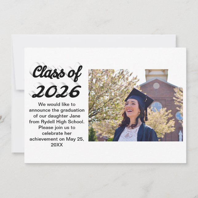 Class of 2026 black script graduation photo  invitation (Front)