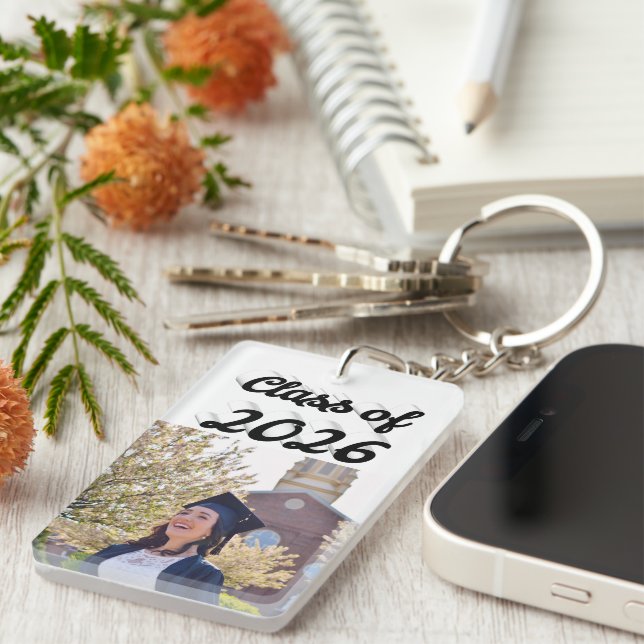 Class of 2026 black script graduation photo  key ring (Front Right)