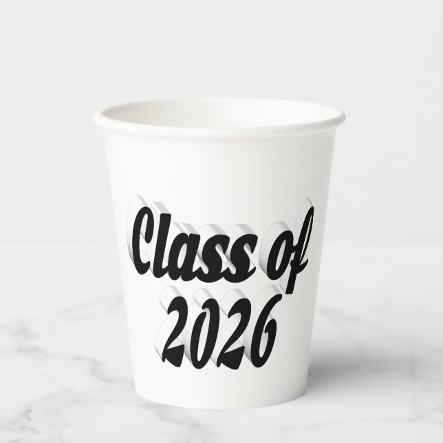 Class of 2026 black text graduation paper cups (Front)