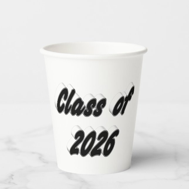 Class of 2026 black typography graduation paper cups (Front)