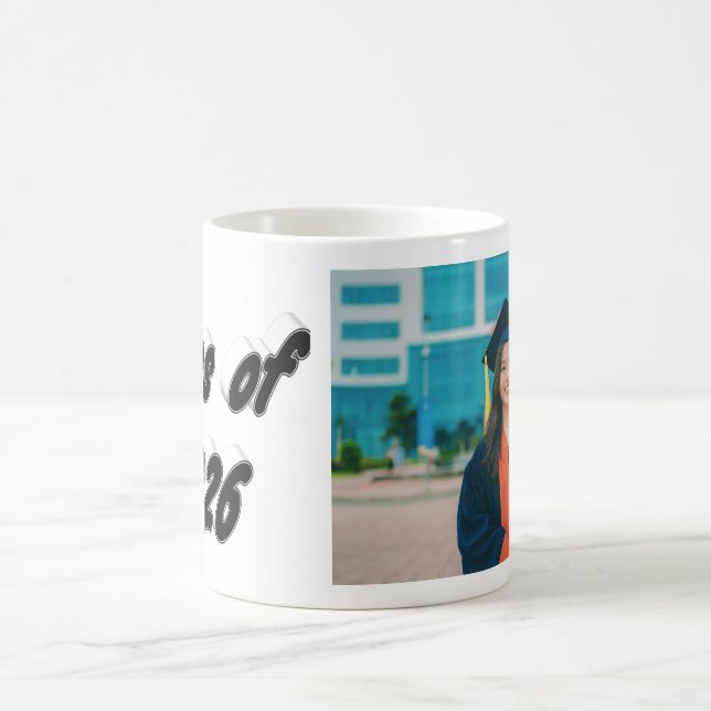 Class of 2026 black typography graduation photo  coffee mug (Center)