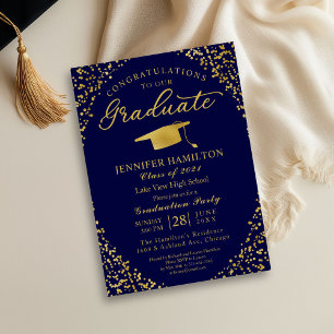 Class of 2026 Blue Gold Confetti Photo Grad Invite