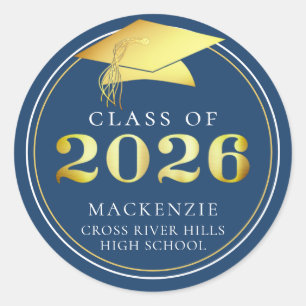 Class of 2026 Blue Gold Return Address Classic Round Sticker