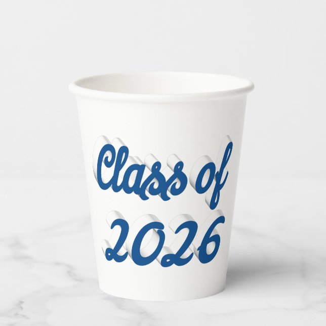Class of 2026 blue script graduation  paper cups (Front)