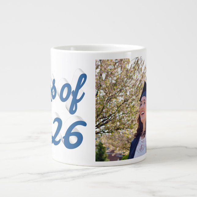 Class of 2026 blue script graduation photo  large coffee mug (Front)