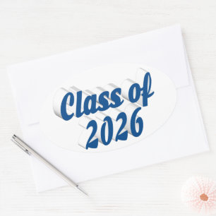 Class of 2026 blue text graduation oval sticker