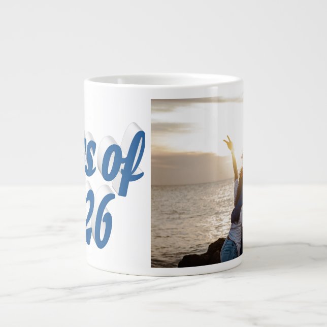 Class of 2026 blue text graduation photo large coffee mug (Front)