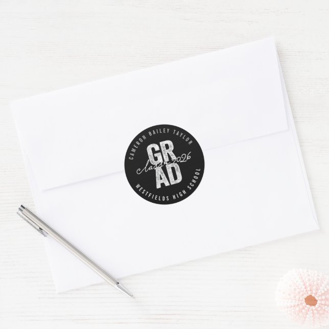 Class of 2026 Bold GRAD Silver Foil Mod Graduation Classic Round Sticker (Envelope)