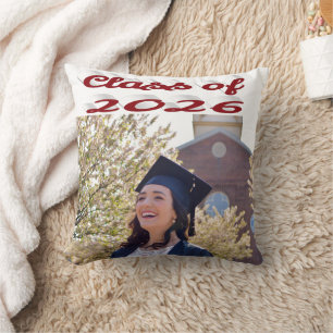 Class of 2026 burgundy script graduation photo cushion