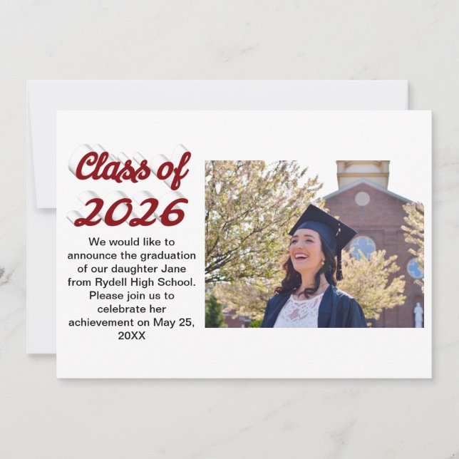 Class of 2026 burgundy script  graduation photo invitation (Front)