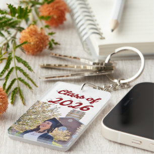 Class of 2026 burgundy script graduation photo key ring
