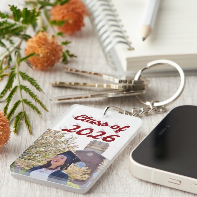 Class of 2026 burgundy script graduation photo   key ring (Front Right)