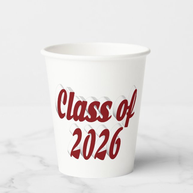 Class of 2026 burgundy text graduation paper cups (Front)