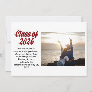 Class of 2026 burgundy text graduation photo invitation