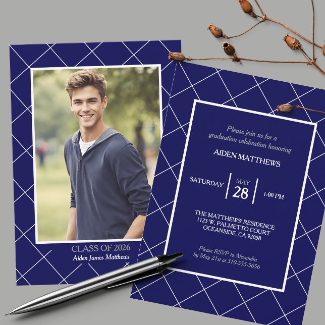 Class of 2026 Classic Navy Blue Photo Graduation Invitation (Creator Uploaded)
