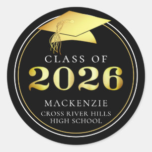 Class of 2026 Elegant Black Gold Personalised Classic Round Sticker