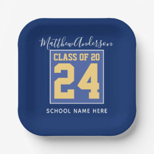 Class of 2026 Elegant Royal Blue & Gold Graduation Paper Plate
