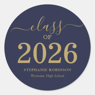 Class of 2026 Gold Script Blue Graduation  Classic Round Sticker