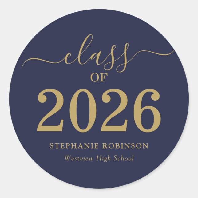 Class of 2026 Gold Script Blue Graduation  Classic Round Sticker (Front)