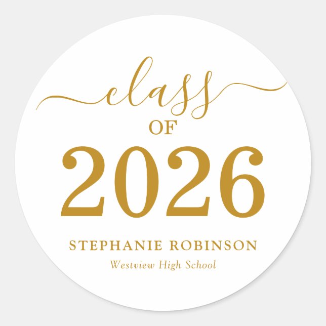 Class of 2026 Gold Script Graduation  Classic Round Sticker (Front)