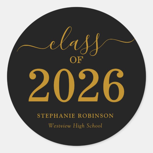 Class of 2026 Gold Script Graduation  Classic Round Sticker (Front)