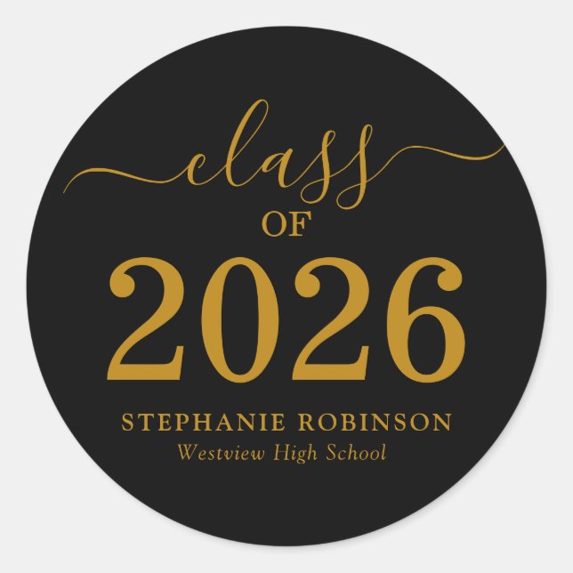 Class of 2026 Gold Script Graduation  Classic Round Sticker (Front)