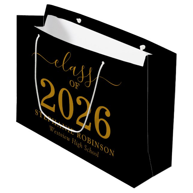 Class of 2026 Gold Script On Black Graduation  Large Gift Bag (Front Angled)
