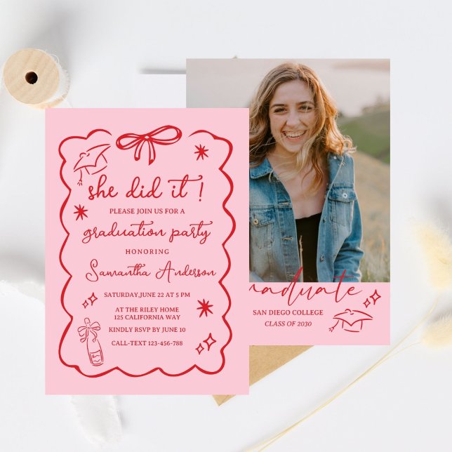 Class of 2026 Grad Announcement,Black  Bow doodle Invitation (Creator Uploaded)