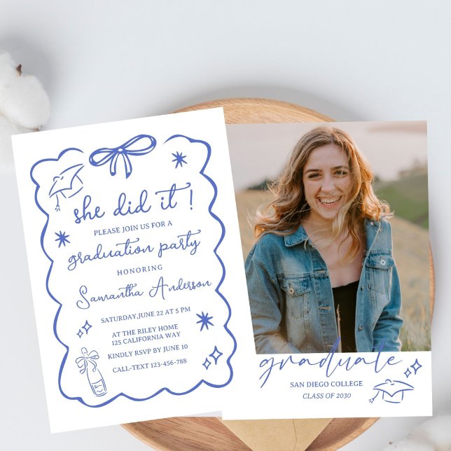 Class of 2026 Grad Announcement,Black  Bow doodle Invitation (Creator Uploaded)