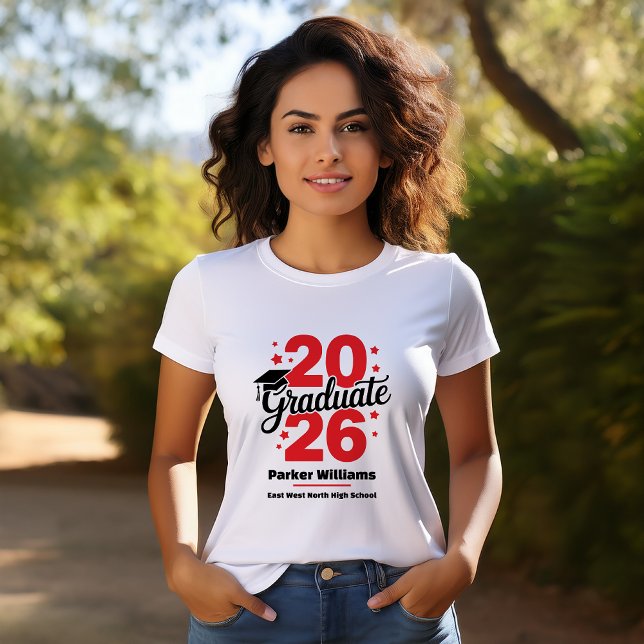 Class of 2026 Grad Cap | Graduate Red T-Shirt (Graduate Grad Cap and Stars Name and School Graduation T-Shirt -- Red)