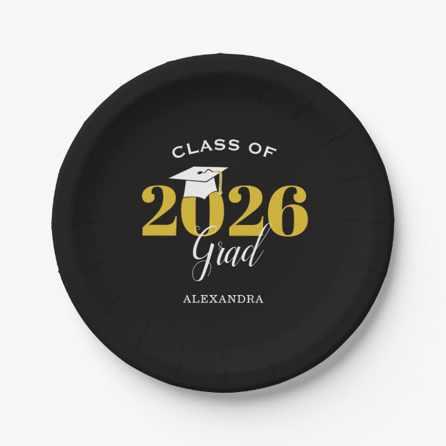 Class of 2026 Grad Simple Black and Gold Paper Plate (Front)